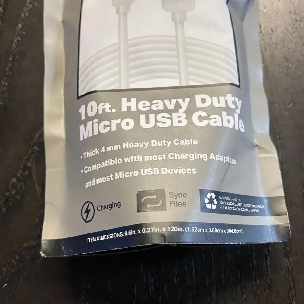 New 10 Ft 10 Foot Heavy Duty Micro USB USB-A Cable